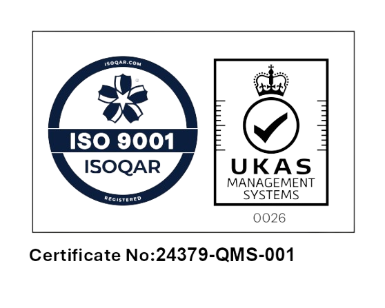 ISO 9001 ISOQAR and UKAS certification, Certificate No. 24379-QMS-001